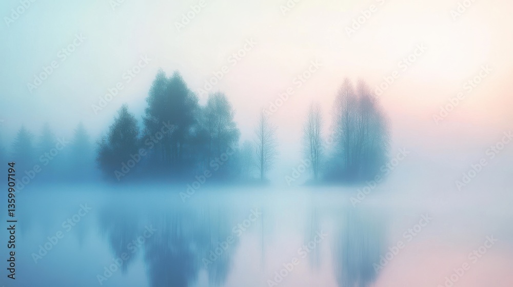 Fototapeta premium A dreamy landscape with soft mist, blurred trees, and glowing light transitions. Pastel hues and a foggy atmosphere create an ethereal, otherworldly effect.