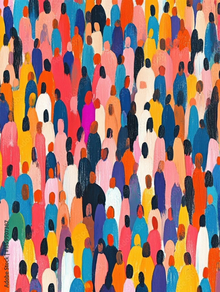 Fototapeta premium Colorful diverse people crowd abstract art seamless pattern. Multi-ethnic community, big cultural diversity group background illustration in modern collage painting style.