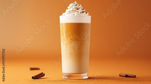Fototapeta Naklejka Na Ścianę i Meble -  Tall glass of iced pumpkin spice latte topped with whipped cream and cinnamon sticks on a smooth textured burnt orange background inviting fall vibes