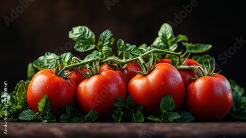 A Cluster of Ripe Red Tomatoes on the Vine Surrounded by Fresh Green Mint Leaves on Dark Wooden Surface with a Blurred Background Setting