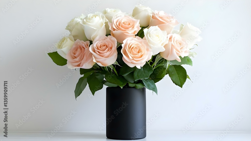 Obraz premium A bouquet of peach and white roses arranged in a simple black vase on a light background. Concept Bouquet Arrangement, Peach and White Roses, Black Vase, Light Background, Floral Decor