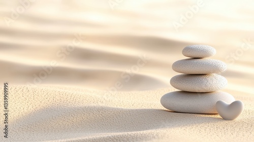 A serene stack of smooth stones alongside a small heart-shaped stone, set against a soft, sandy background, evoking tranquility and balance.
