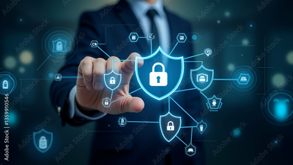 Businessman Engages with SASE Icons on Digital Interface: Exploring Secure Access Service Edge Technology for Cloud Security, Network Management, and Cybersecurity Solutions - Photo Stock Concept with Businessman Engages with SASE Icons on Digital Interface: Exploring Secure Access Service Edge Technology for Cloud Security, Network Management, and Cybersecurity Solutions - Photo Stock Concept with