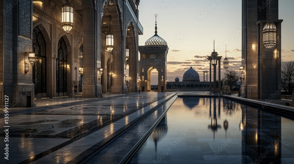 Fototapeta premium Elegant evening reflection at grand mosque historical site architecture serene environment low angle view tranquility