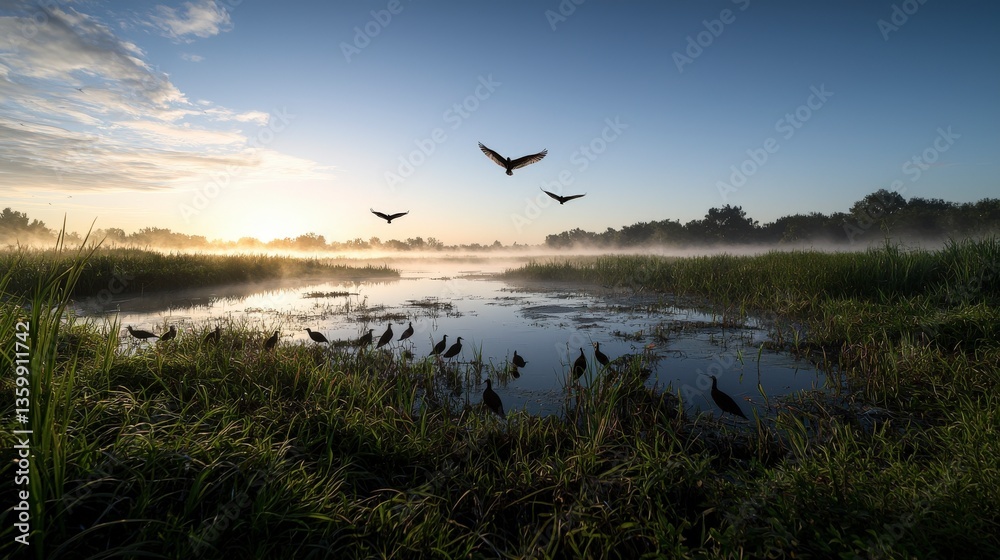 Fototapeta premium Morning mist over tranquil wetland with birds in flight nature scene serene environment scenic view
