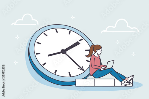 Part-time job, work tracking system, day planning or time management, side hustle or office work deadline, start and end time schedule concept, businesswoman working with laptop on split time clock.