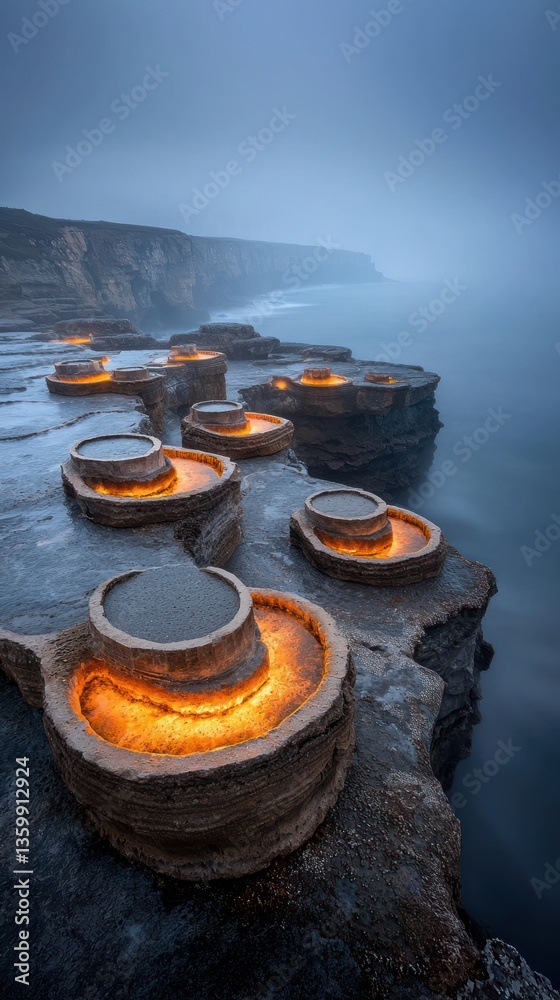 Coastal rock formations illuminated at dawn Coastal rock formations illuminated at dawn