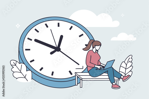 Part-time job, work tracking system, day planning or time management, side hustle or office work deadline, start and end time schedule concept, businesswoman working with laptop on split time clock.