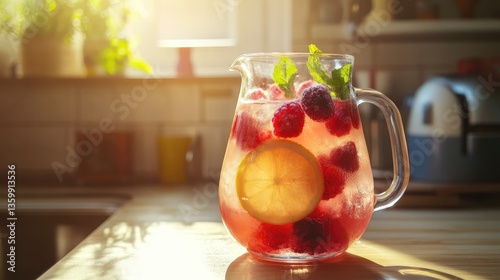 Refreshing pitcher of fruit-infused drink with raspberries and lemon, basking in warm sunlight in a cozy kitchen