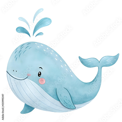 A charming watercolor illustration of a light blue whale with water spraying from its blowhole smiling