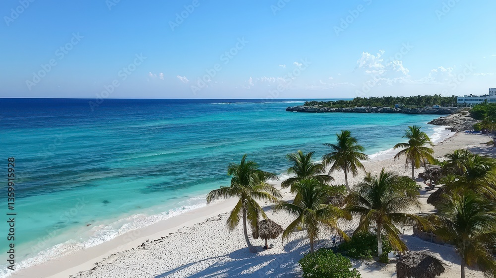 Fototapeta premium Relaxing beach day tropical coastline aerial view warm sunshine nature's beauty coastal serenity