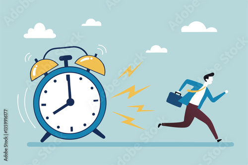 Late, hurry to go to work, rushing or running fast before deadline, speed or busy job, pressure or challenge to finish work in time, urgency concept, frustrated businessman hurry running to work late.
