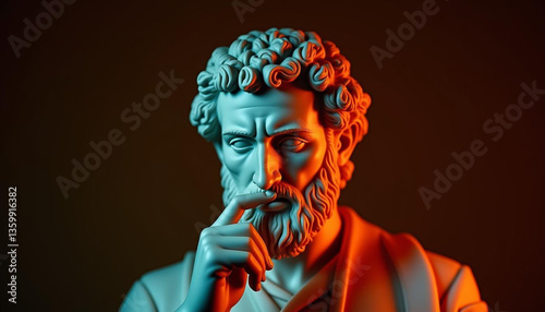 An ancient statue of a thoughtful figure, with a serene and contemplative expression. The statue exudes wisdom and mystery, capturing the essence of timeless art and classical beauty in its design.

