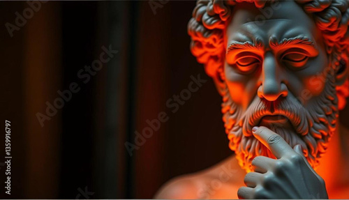 An ancient statue of a thoughtful figure, with a serene and contemplative expression. The statue exudes wisdom and mystery, capturing the essence of timeless art and classical beauty in its design.

