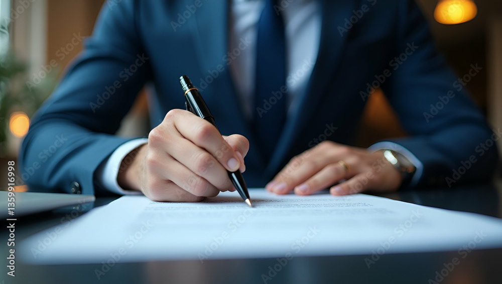 Businessman Electronically Signing Agreement on Laptop: A Visual Representation of Digital Smart Contracts, Electronic Signatures, and Modern Banking Transactions in Stock Photo