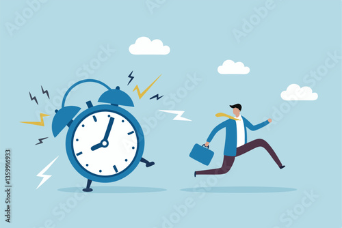 Late, hurry to go to work, rushing or running fast before deadline, speed or busy job, pressure or challenge to finish work in time, urgency concept, frustrated businessman hurry running to work late.