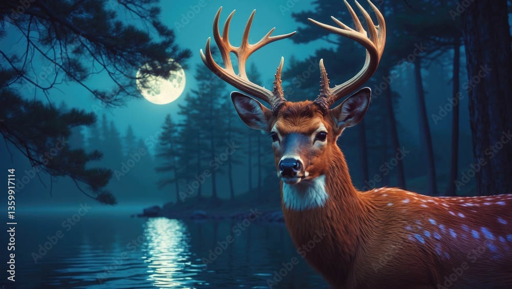 Fototapeta premium animal in pine forest by the lake at night