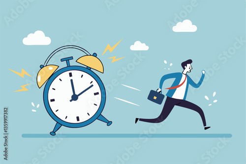 Late, hurry to go to work, rushing or running fast before deadline, speed or busy job, pressure or challenge to finish work in time, urgency concept, frustrated businessman hurry running to work late.