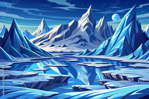 landscape of snowy north pole with icy field and rocks illustration cartoon