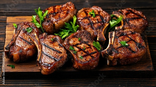 Wallpaper Mural Deliciously Grilled Lamb Chops on Wooden Board Garnished with Fresh Parsley Resting Against a Dark Wooden Background for Culinary Presentation Torontodigital.ca