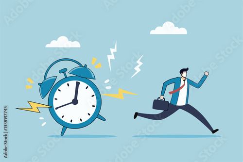 Late, hurry to go to work, rushing or running fast before deadline, speed or busy job, pressure or challenge to finish work in time, urgency concept, frustrated businessman hurry running to work late.