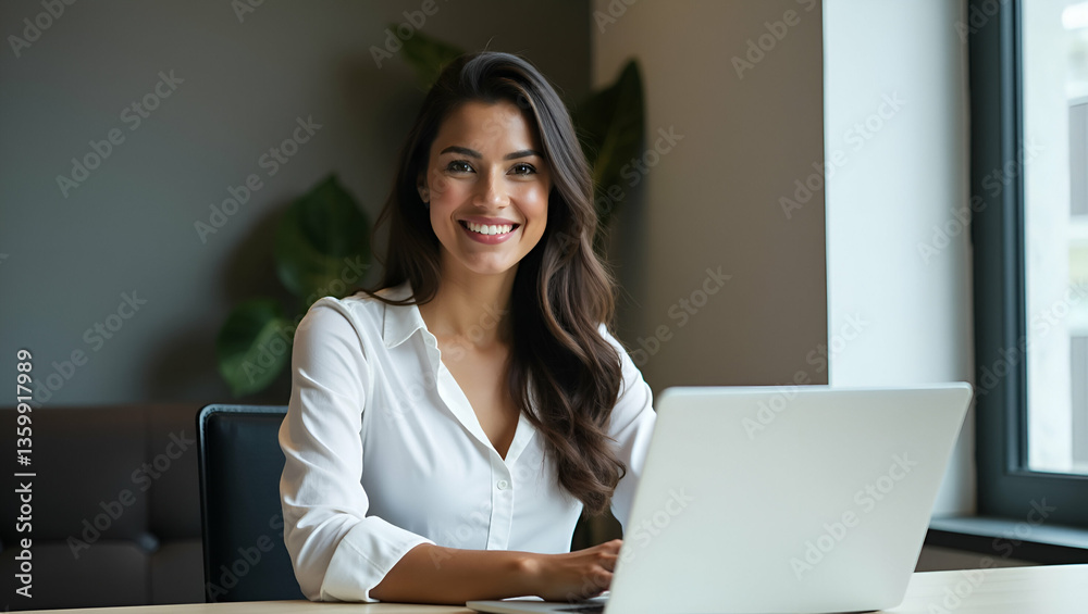 Empowering Young Hispanic Female Entrepreneurs: Confident Businesswoman in Her 30s Smiling at Work Desk with Laptop - A Portrait of Leadership and Success in a Simple Flat Vector Illustration Empowering Young Hispanic Female Entrepreneurs: Confident Businesswoman in Her 30s Smiling at Work Desk with Laptop - A Portrait of Leadership and Success in a Simple Flat Vector Illustration