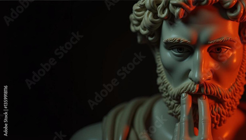 An ancient statue of a thoughtful figure, with a serene and contemplative expression. The statue exudes wisdom and mystery, capturing the essence of timeless art and classical beauty in its design.

