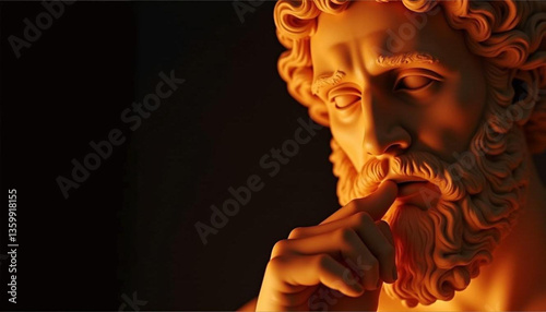 An ancient statue of a thoughtful figure, with a serene and contemplative expression. The statue exudes wisdom and mystery, capturing the essence of timeless art and classical beauty in its design.

