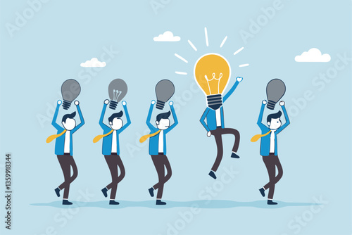Be different, leadership individuality or unique candidate, courage or determination to success, freedom, stand out from other, freedom or creativity concept, businessman with bright lightbulb head.