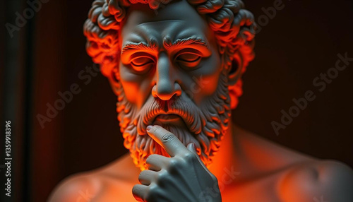 An ancient statue of a thoughtful figure, with a serene and contemplative expression. The statue exudes wisdom and mystery, capturing the essence of timeless art and classical beauty in its design.

