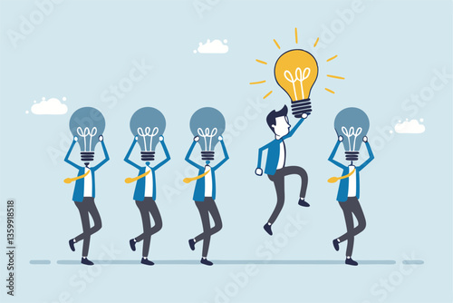 Be different, leadership individuality or unique candidate, courage or determination to success, freedom, stand out from other, freedom or creativity concept, businessman with bright lightbulb head.