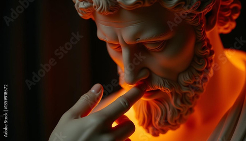 An ancient statue of a thoughtful figure, with a serene and contemplative expression. The statue exudes wisdom and mystery, capturing the essence of timeless art and classical beauty in its design.

