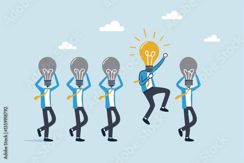 Be different, leadership individuality or unique candidate, courage or determination to success, freedom, stand out from other, freedom or creativity concept, businessman with bright lightbulb head.