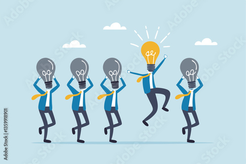 Be different, leadership individuality or unique candidate, courage or determination to success, freedom, stand out from other, freedom or creativity concept, businessman with bright lightbulb head.