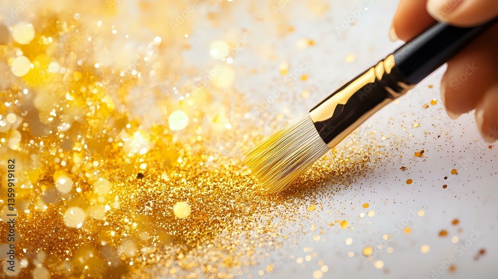 Fototapeta premium Magical gold glitter dust scattered by artist brush on light background with bokeh effect and sparkles creates festive atmosphere.