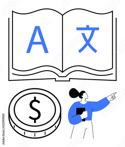 Open book with multilingual symbols, dollar coin representing value, and woman pointing forward. Ideal for education, language learning, global business, finance, leadership, career growth abstract
