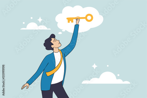 Unlock potential, discover key to solution solving problem, open mindset for new opportunity, think to develop idea, achievement or freedom concept, businessman put key to keyhole in thought bubble.