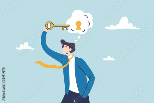 Unlock potential, discover key to solution solving problem, open mindset for new opportunity, think to develop idea, achievement or freedom concept, businessman put key to keyhole in thought bubble.