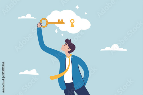 Unlock potential, discover key to solution solving problem, open mindset for new opportunity, think to develop idea, achievement or freedom concept, businessman put key to keyhole in thought bubble.
