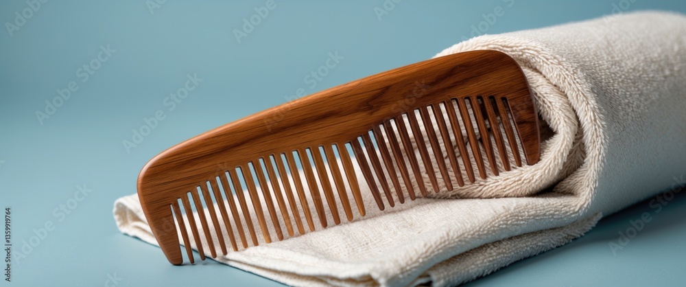 custom made wallpaper toronto digitalA panoramic image of an organic wide-tooth wooden comb for hair growth, suitable for women and men, handmade bamboo hair comb resting on a white towel.