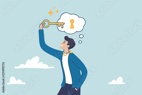 Unlock potential, discover key to solution solving problem, open mindset for new opportunity, think to develop idea, achievement or freedom concept, businessman put key to keyhole in thought bubble.