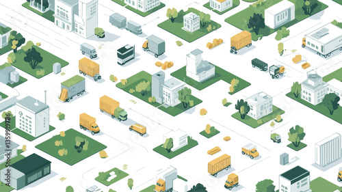 The image is a digital illustration depicting an isometric view of a city.  The cityscape is characterized by a mix of buildings, green spaces, and delivery trucks. Buildings are depicted in a
