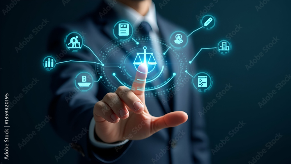 Man touches holographic icons of justice AI copyright and regulations on digital interface symbolizing intersection of law and artificial intelligence in empty space concept as Man touches holographic Man touches holographic icons of justice AI copyright and regulations on digital interface symbolizing intersection of law and artificial intelligence in empty space concept as Man touches holographic