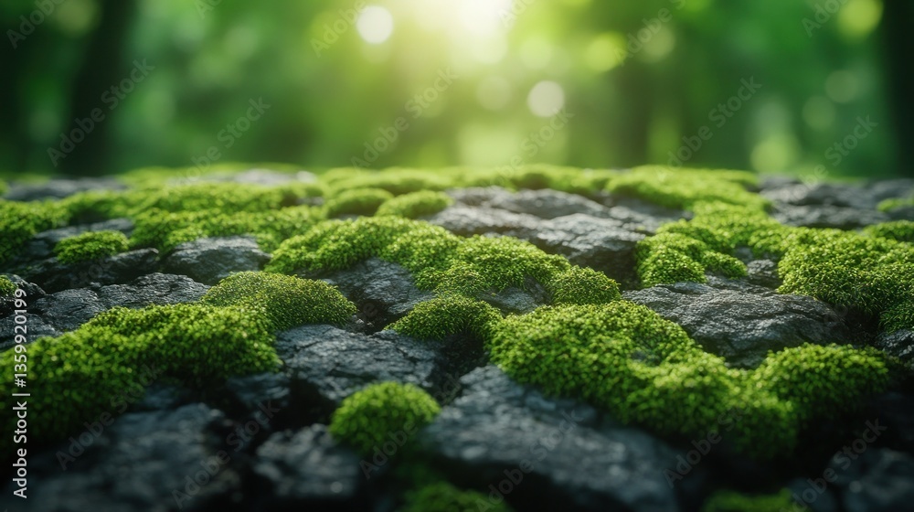 Lush green moss covering dark grey rocks in a forest scene Lush green moss covering dark grey rocks in a forest scene