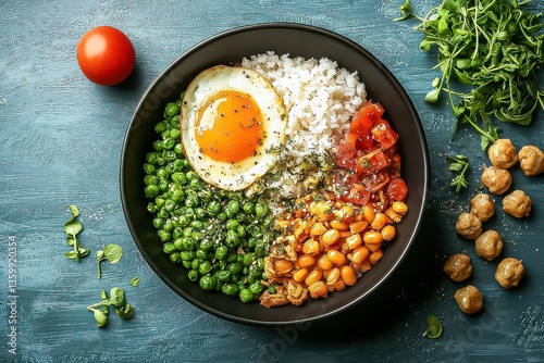 Food photography ideas for social media: Capture the beauty of a rice bowl with egg and peas, showcasing deliciousness!