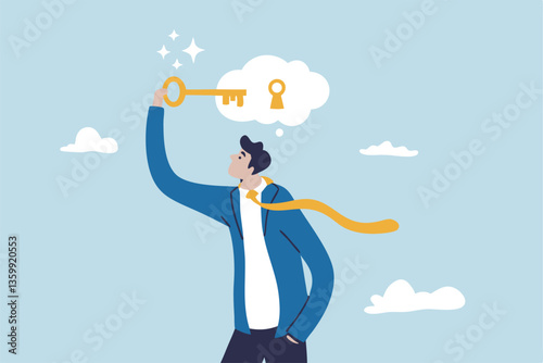 Unlock potential, discover key to solution solving problem, open mindset for new opportunity, think to develop idea, achievement or freedom concept, businessman put key to keyhole in thought bubble.