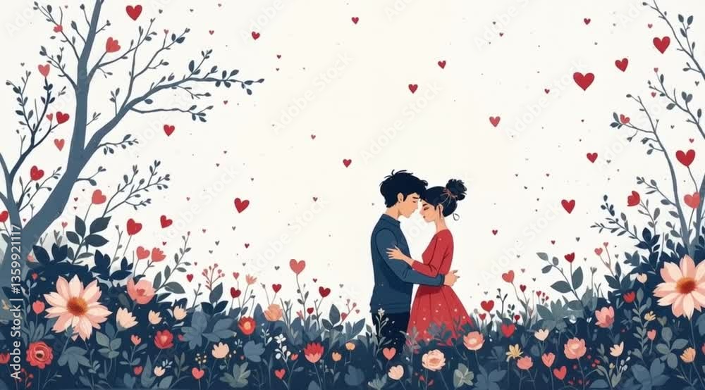 Romantic couple in a floral garden, hearts falling. Possible use Valentine's card, love theme art Romantic couple in a floral garden, hearts falling. Possible use Valentine's card, love theme art