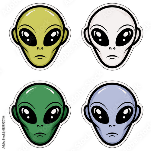 Colorful alien face stickers line art graphics representing different extraterrestrial designs for fun and creativity