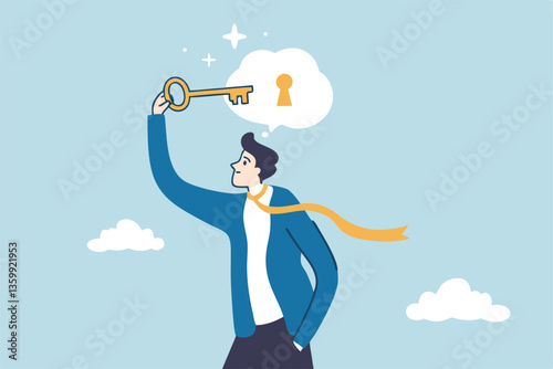Unlock potential, discover key to solution solving problem, open mindset for new opportunity, think to develop idea, achievement or freedom concept, businessman put key to keyhole in thought bubble.