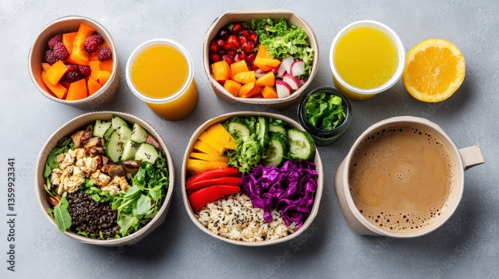 Overhead view of vibrant healthy meal-prep containers with fruits vegetables grains protein and beverages coffee and orange juice for balanced nutrition Overhead view of vibrant healthy meal-prep containers with fruits vegetables grains protein and beverages coffee and orange juice for balanced nutrition